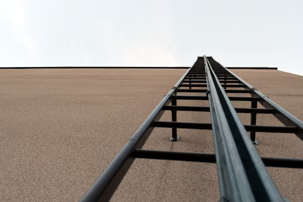 A ladder reaching up the side of a building toward the sky